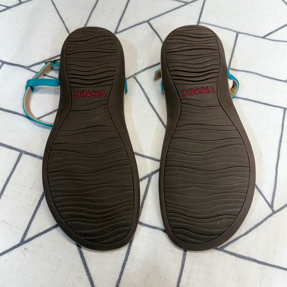 Vionic Sandals Size 8 Teal Leather Gold Studded Orthotic T-Strap Ankle Strap - Picture 6 of 9